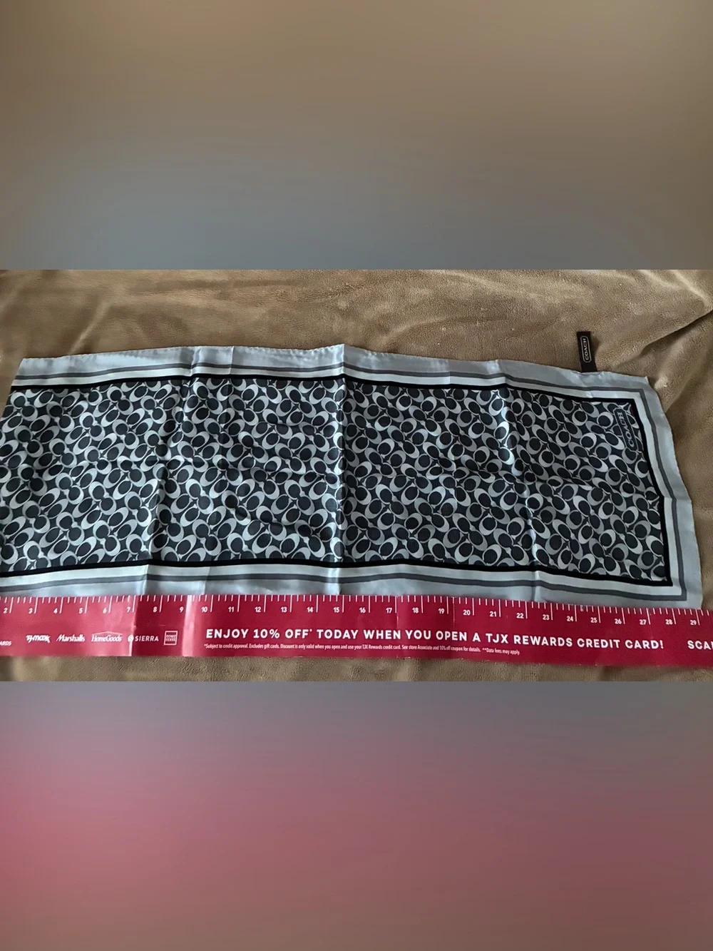 Coach Woman’s Gray & Black Patterned Signature-Style Silk Scarf